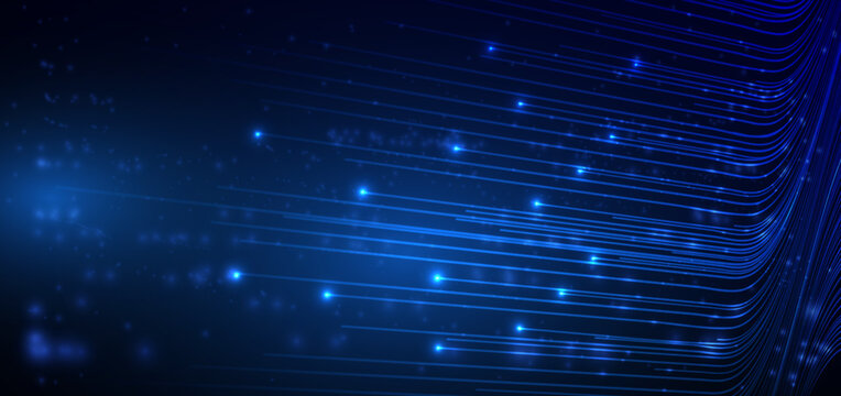 Abstract Blue Neon Data Stream Background with Glowing Digital Light Lines.