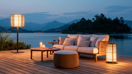 Fototapeta premium Outdoor lounge furniture on deck at twilight lake