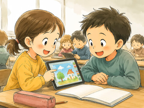 Two elementary school children learning together with a tablet in the classroom