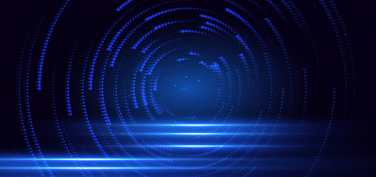 Abstract Blue Digital Technology Background with Glowing Particle Rings and Light Trails.