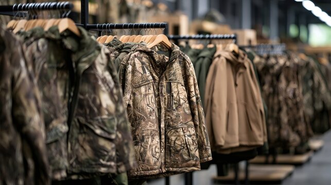 Camouflage hunting jackets displaying in a retail store