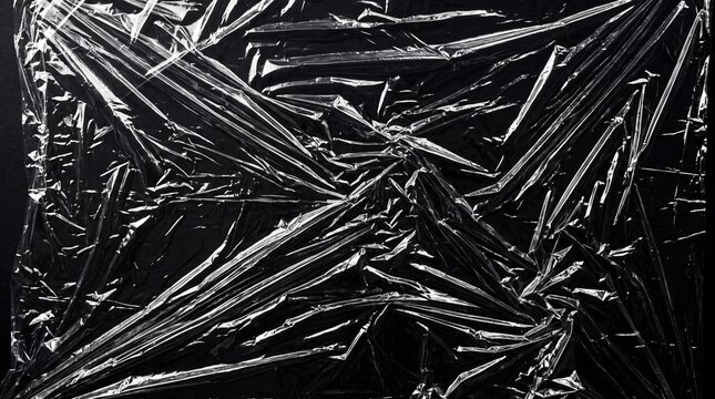 Intricate wrinkled plastic wrap texture with high-contrast realistic creases and shiny highlights stretched over a solid black background, representing modern abstract textures and overlays.