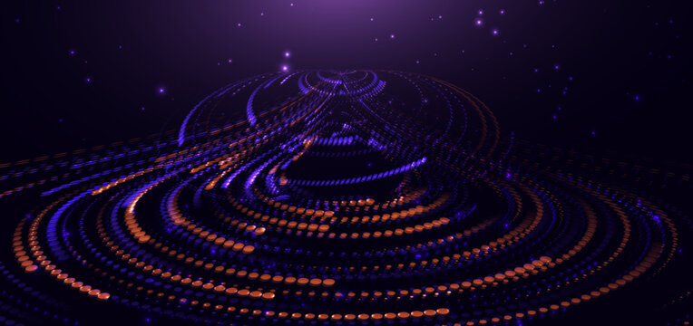 Abstract Digital Spiral Wave Background with Blue and Orange Glowing Dots.