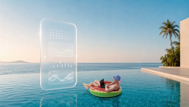 Digital nomad working on laptop from watermelon float in infinity pool with analytics panel. Concept of workation services, travel technology and digital nomad lifestyle.