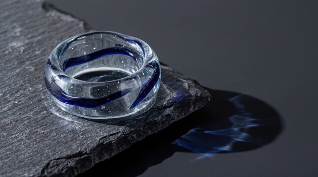Handmade blown glass ring with blue swirl detail on a dark textured stone slab