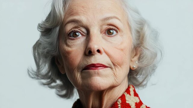 Portrait of a distinguished older lady in vibrant red attire.