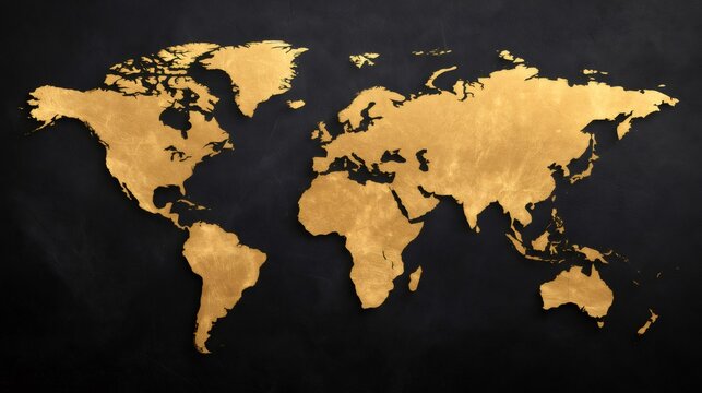 Golden world map on black background showing continents