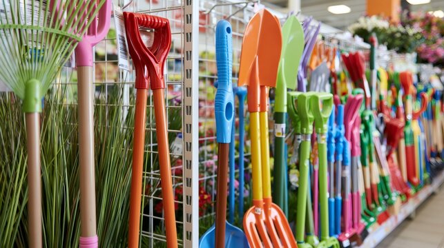 Colorful gardening tools for sale in retail store