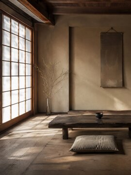 Calm Japanese minimal interior with shoji screen, low wooden table, tea bowl and meditation cushion