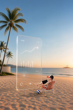 Freelancer using laptop beside transparent data dashboard on palm lined beach at sunset. Concept of online business, travel booking and remote leadership.