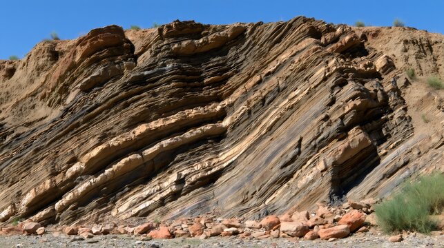 Sedimentary rock strata displaying tectonic tilt and erosion