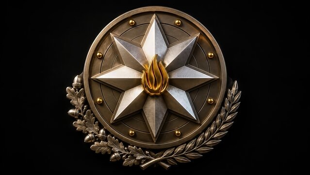 3D Illustration of Azerbaijan Military Emblem with National Flag, Eight Pointed Star and Golden Flame Symbol