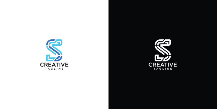 Modern tech letter S logo design using circuit lines for digital business branding on dual backgrounds