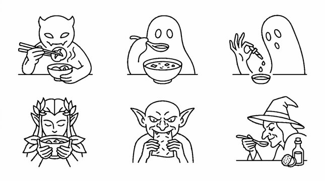 Set of six line art illustrations featuring various fantasy creatures eating and drinking.