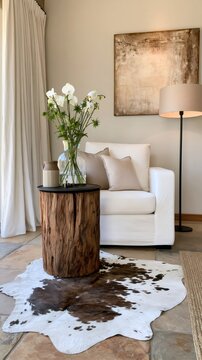 Living room with rustic wood table and orchids