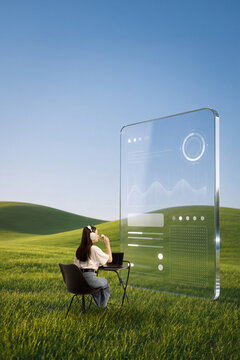 Woman in headphones working outdoors with laptop and large transparent analytics dashboard. Concept of data platforms, employee wellness and sustainable work.