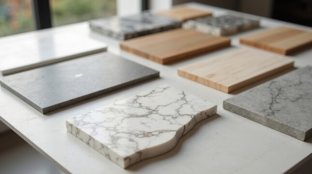 Colecci&oacute;n de muestras de encimeras de alta gama que incluye cuarzo, m&aacute;rmol, hormig&oacute;n y madera dispuestas sobre una mesa de dise&ntilde;o