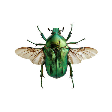 Metallic green flower beetle in  with open wings