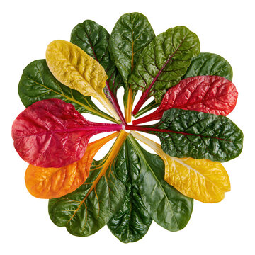 Rainbow chard leaves arranged in a circular pattern showing bright colors and different shapes of the leaves