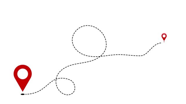 Red map pin icon with winding dashed travel path on white background