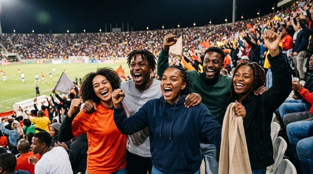 Excited diverse group of friends cheering and celebrating at a soccer match in a stadium