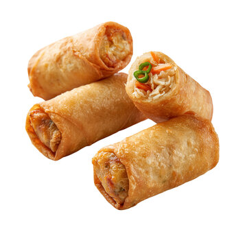 Spring rolls with filling displayed on a white background arranged in a group