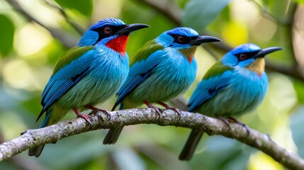 Fototapeta premium Three blue crowned motmots perching on a branch