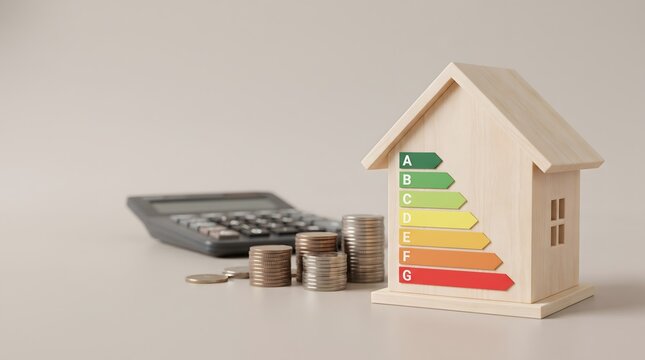Wooden house model with energy efficiency rating and stacked coins