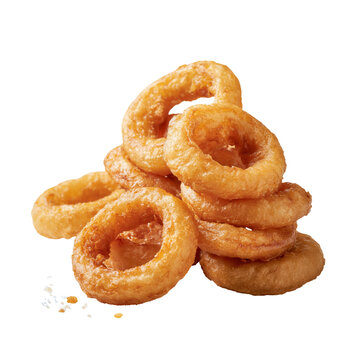 Pile of golden crispy onion rings ready to eat as a snack or side dish at a casual gathering or home meal