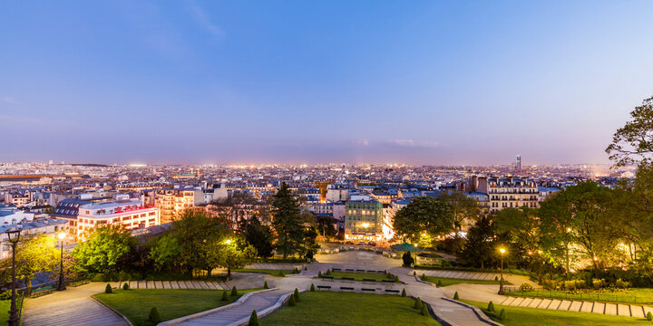 France, Paris, Panoramic cityscape from Montmartre at blue hour