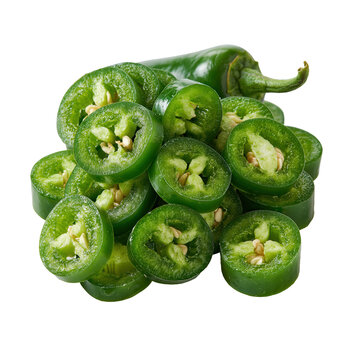Vibrant green jalapeno pepper slices are arranged on a clean surface in a kitchen setting during the day