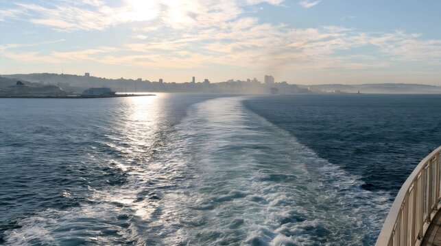 Ferry creating wake leaving a port city