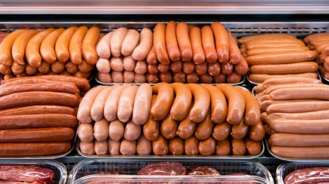 Fresh sausages displaying variety in meat market deli counter