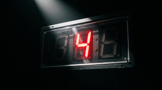 Digital Countdown Timer Displaying Four With Dramatic Spotlight In Dark Room