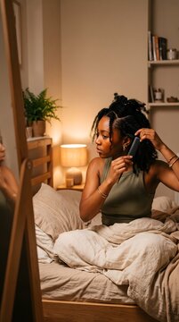 Young woman styling curly hair sitting on bed in cozy bedroom with hair care cozy interior beauty routine self care home life relaxing