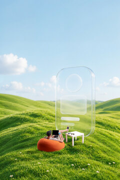 Man using laptop from beanbag beside transparent digital profile panel in green landscape. Concept of hybrid work, lifestyle technology and productivity apps.