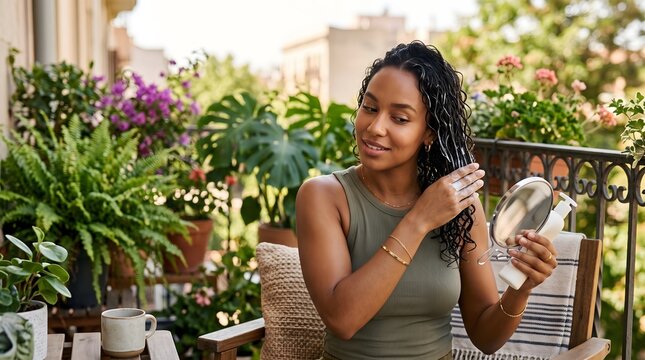 Young woman styling her curly hair on a balcony surrounded by plants with lifestyle apartment sunlight wellness selfcare portrait