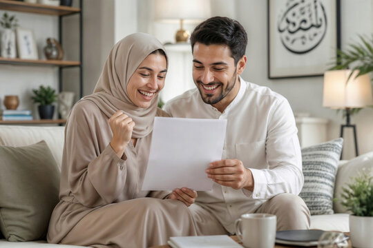 Portrait of happy Arabian woman with hijab and her joyful husband read a document from bank, modern living room. Emotion of joy and success, home loan approval, good new