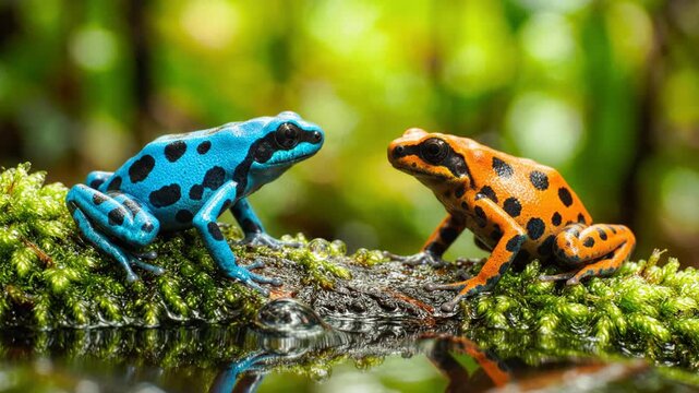 Two Poison Dart Frogs Blue and Orange on Mossy Log in Rainforest