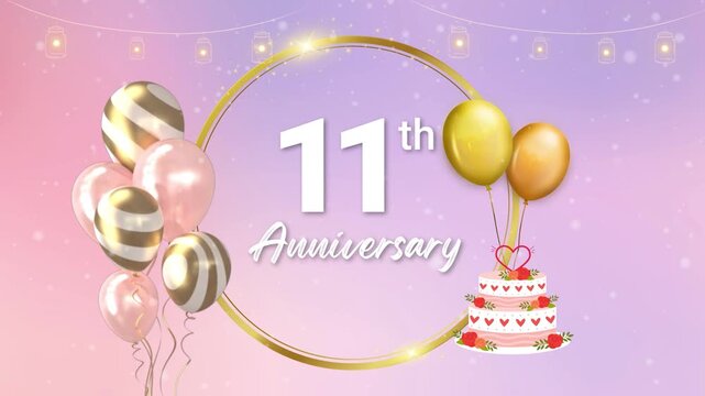 11th Wedding Anniversary Greeting Video Template with Gold Balloons and Celebration Cake