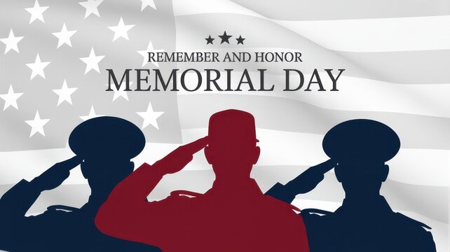 Veterans Day Memorial day remember and honor graphic with silhouette of soldiers saluting against waving American flag for national holiday USA