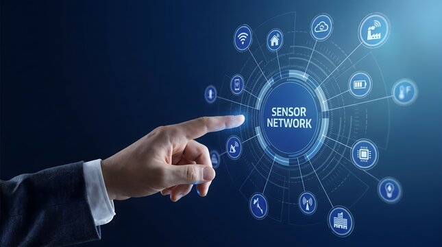 Businessman's finger touching sensor network interface with icons