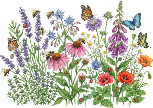 Detailed wildflower garden scene with pink echinacea red poppies and purple foxglove flowers visited by diverse butterflies and bees.