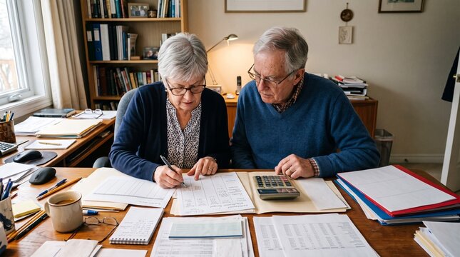 Elderly couple reviewing finances at home with calculator and papers on desk