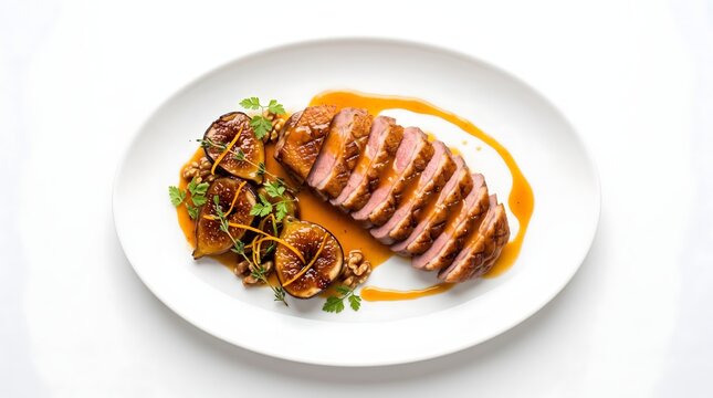 Sliced duck breast gourmet dish served with seasoned side salad and orange sauce on white plate sliced meat fine dining restaurant