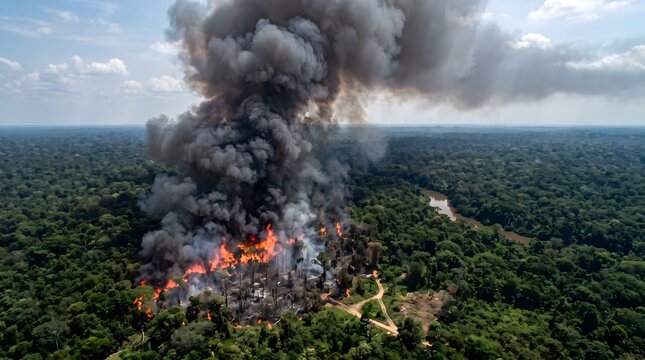 Aerial view of thick black smoke and fire rising from deforestation in the lush green rainforest with forest fire climate change disaster