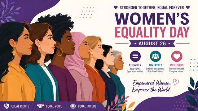 Diverse group of women standing in profile celebrating women's equality day on august 26 with equality diversity inclusion