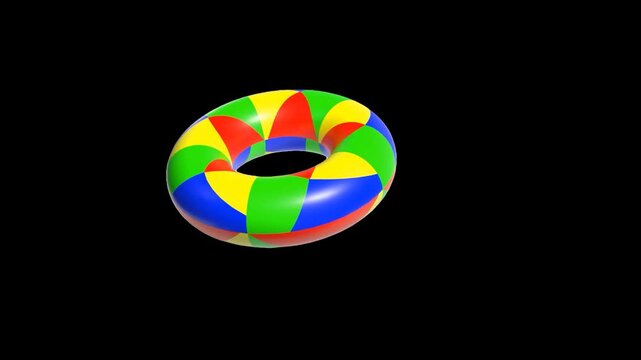 Seamless loop 3D animation of colorful inflatable pool float swimming ring spinning, isolated on transparent background with alpha channel