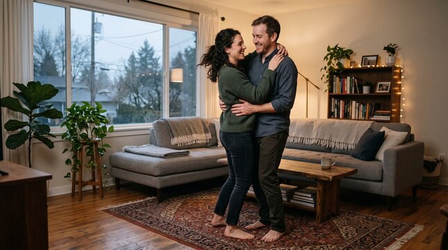 Happy couple dancing together in their cozy living room on a winter day