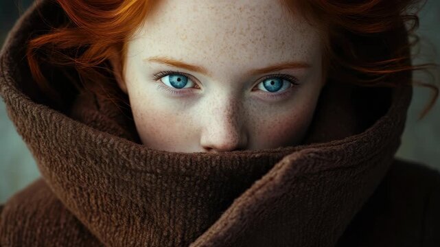 A fantasy-themed of a young elf with vibrant red hair and captivating blue eyes.